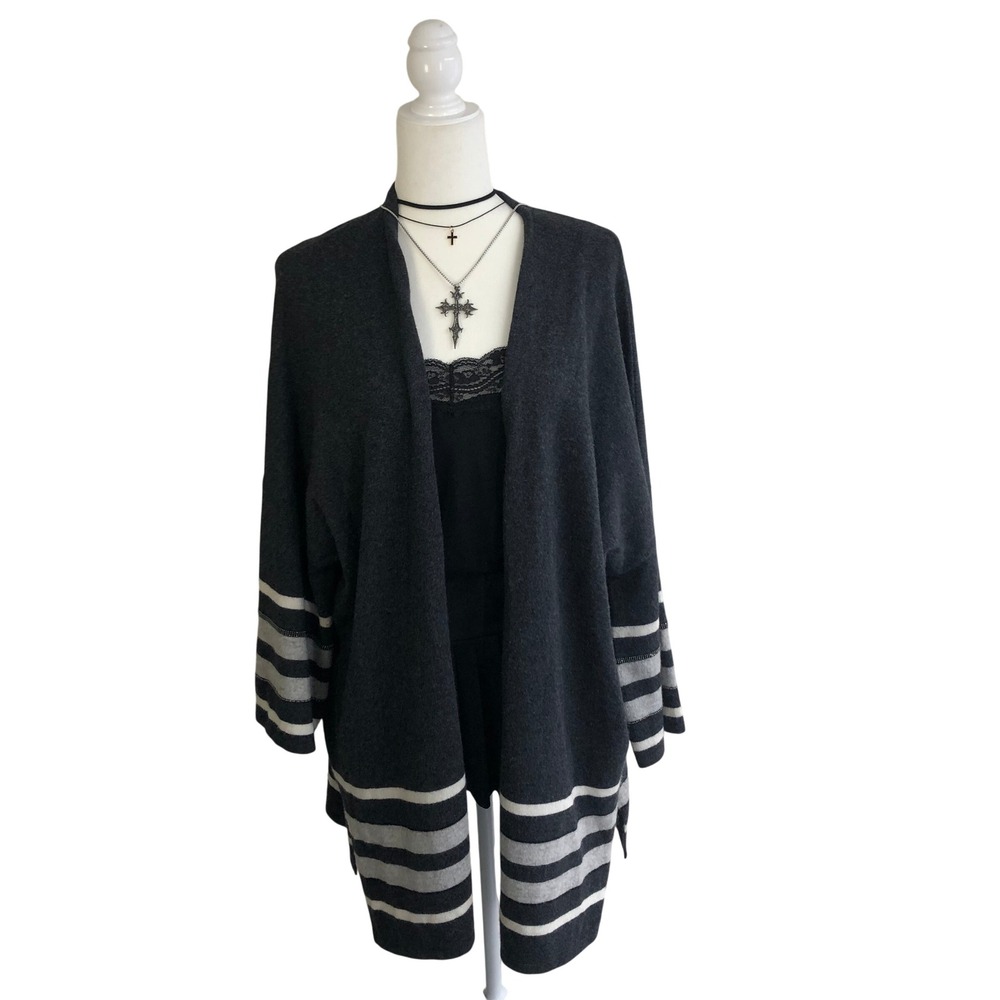 Neiman Marcus 100% Cashmere Open Front Cardigan Womens L Dark Gray White Beaded